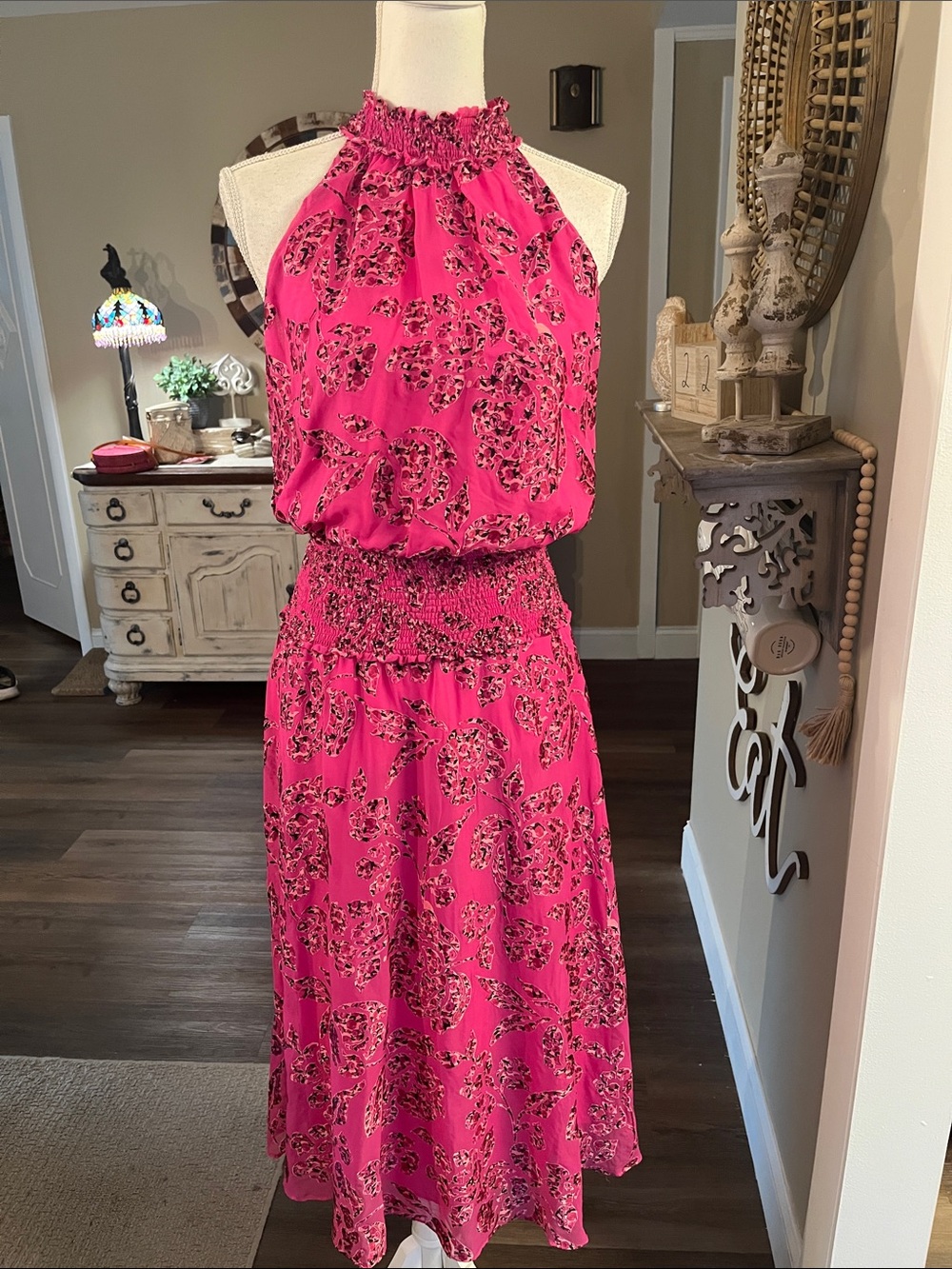 White House Black Market Hot Pink Smocked Halter Midi Dress